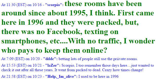 these rooms have been around since about 1995, I think. First came here in 1996 and they were packed, but there was no Facebook, texting on smartphones, ect... with no traffic, I wonder who pays to keep them online?